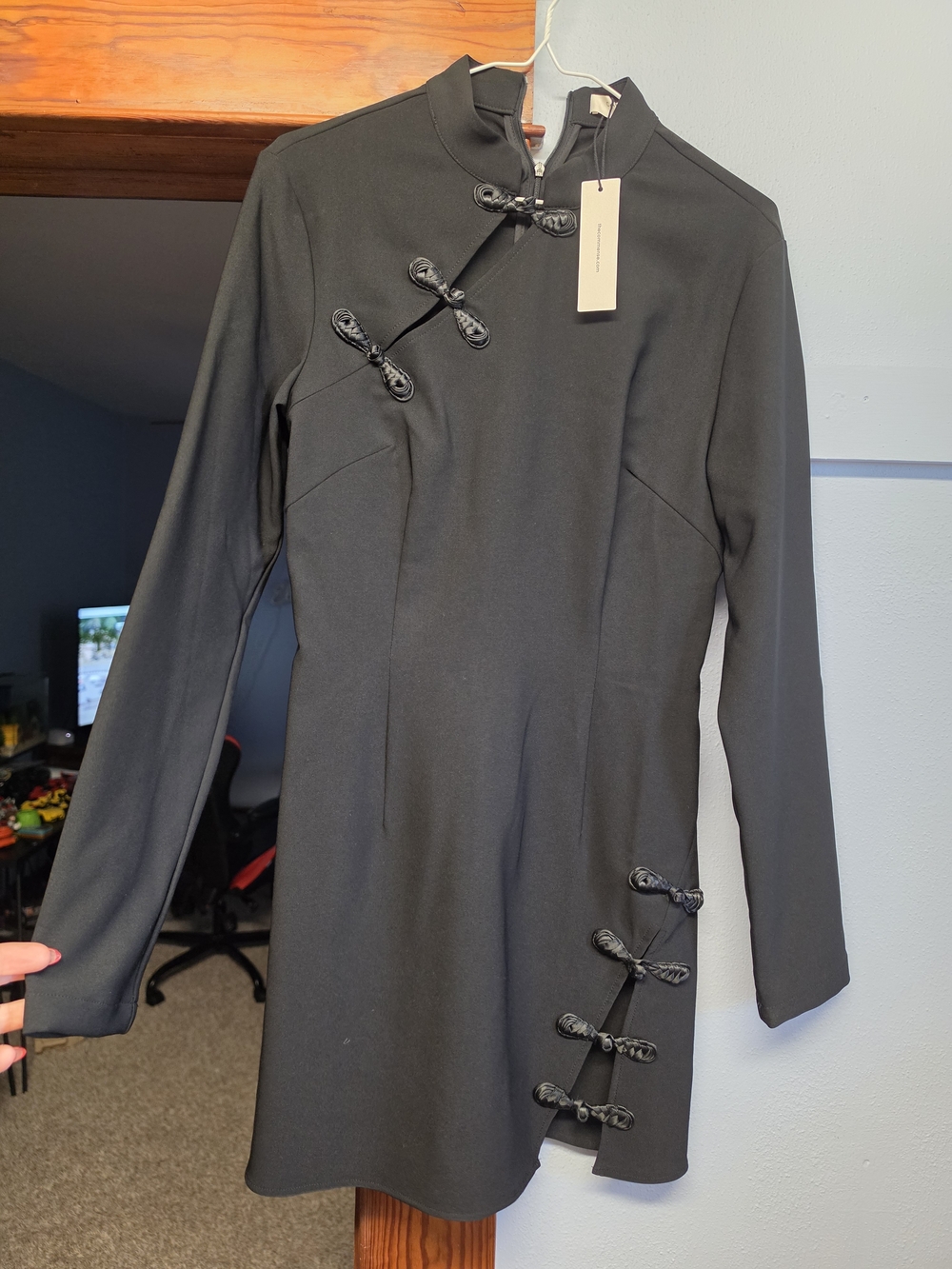 Commense Black Mini Dress with Mandarin Buttons